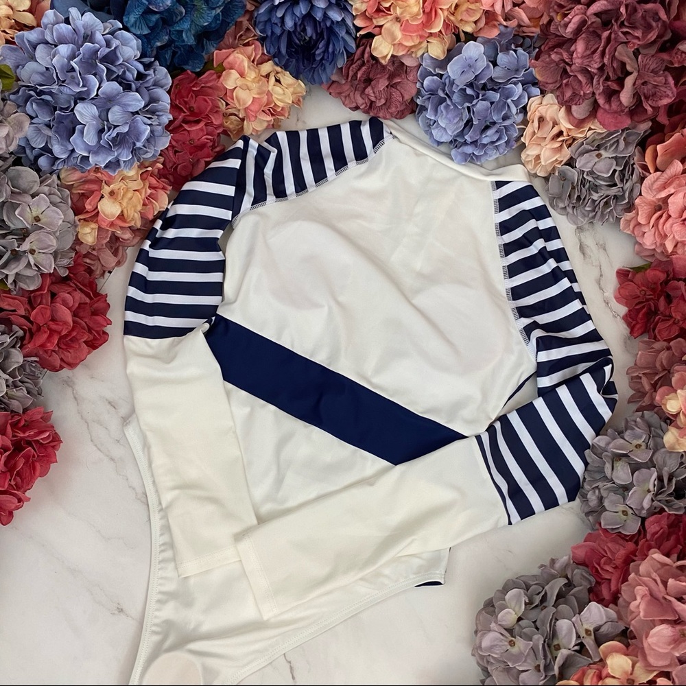 Sporty White and Navy Blue Striped Zip-Up Long Sleeve Rash Guard Swimsuit - Picture 13 of 16